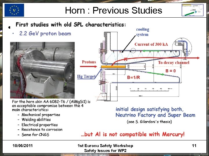 Horn : Previous Studies • Beam and Target Parameter: 10/06/2011 1 st Euronu Safety