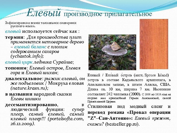 Елевый производное прилагательное Зафиксировано всеми толковыми словарями русского языка. елевый используется сейчас как :