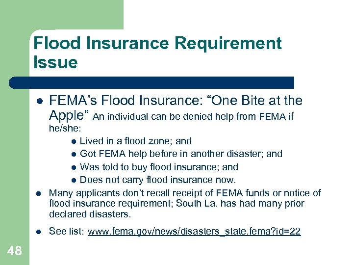 Flood Insurance Requirement Issue l l l 48 FEMA’s Flood Insurance: “One Bite at