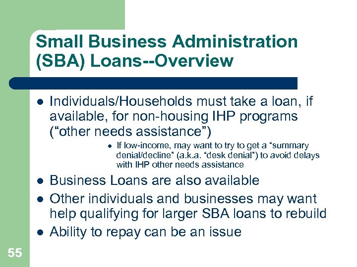 Small Business Administration (SBA) Loans--Overview l Individuals/Households must take a loan, if available, for