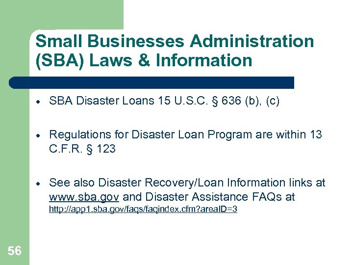 Small Businesses Administration (SBA) Laws & Information · SBA Disaster Loans 15 U. S.