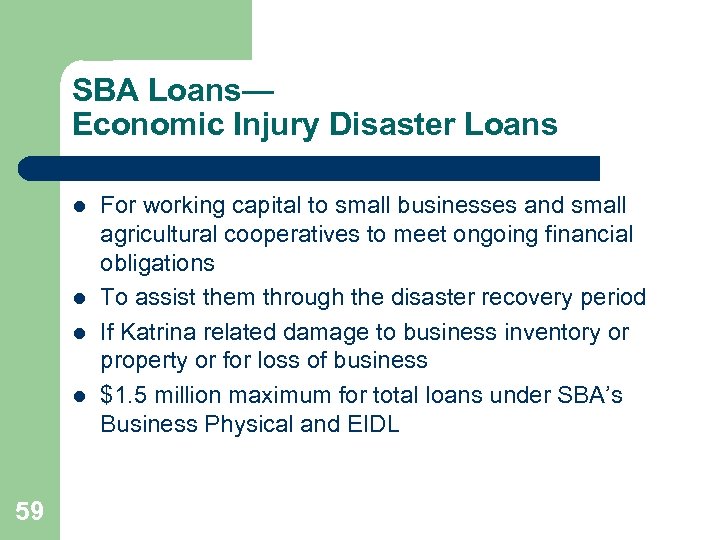 SBA Loans— Economic Injury Disaster Loans l l 59 For working capital to small