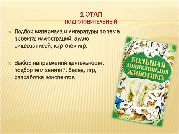 1 ЭТАП ПОДГОТОВИТЕЛЬНЫЙ Подбор материала и литературы по теме проекта; иллюстраций, аудиовидеозаписей, картотек игр.