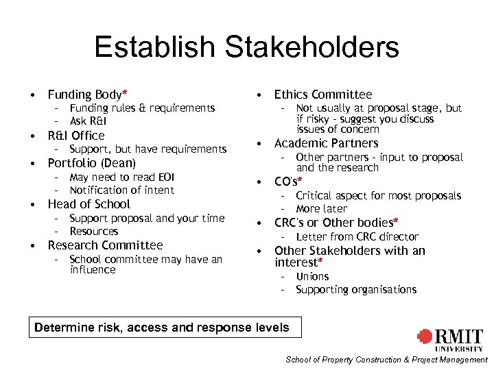 Establish Stakeholders • Funding Body* – Funding rules & requirements – Ask R&I •
