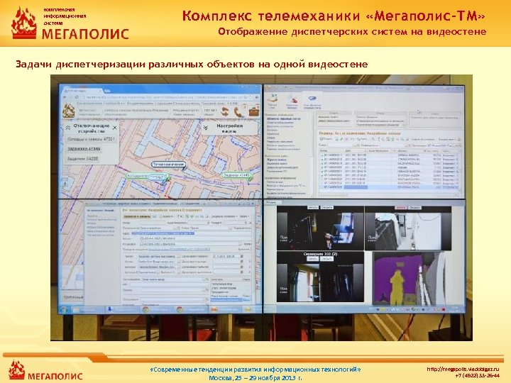 комплексная информационная система Комплекс телемеханики «Мегаполис-ТМ» Отображение диспетчерских систем на видеостене Задачи диспетчеризации различных