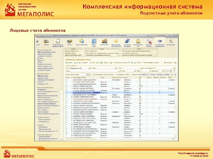 комплексная информационная система Комплексная информационная система Подсистема учета абонентов Лицевые счета абонентов http: //megapolis.