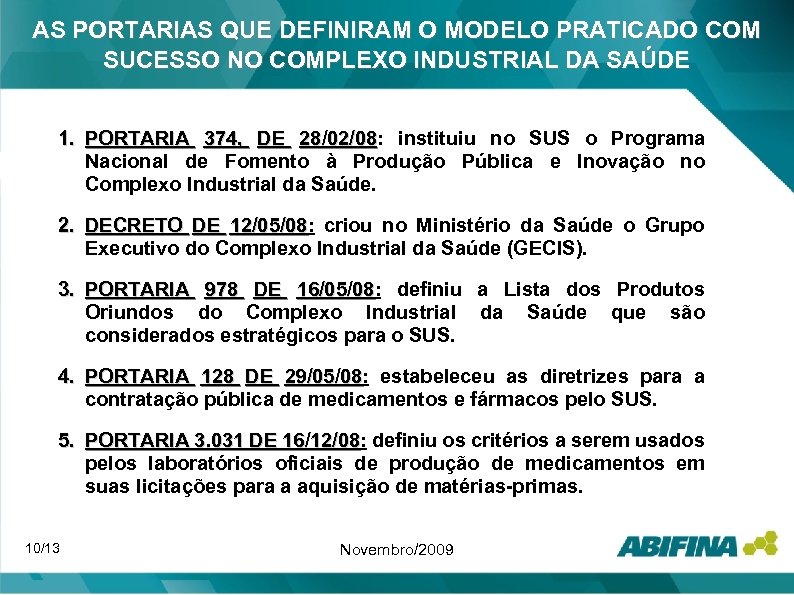 AS PORTARIAS QUE DEFINIRAM O MODELO PRATICADO COM SUCESSO NO COMPLEXO INDUSTRIAL DA SAÚDE