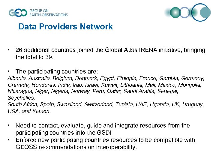 Data Providers Network • 26 additional countries joined the Global Atlas IRENA initiative, bringing