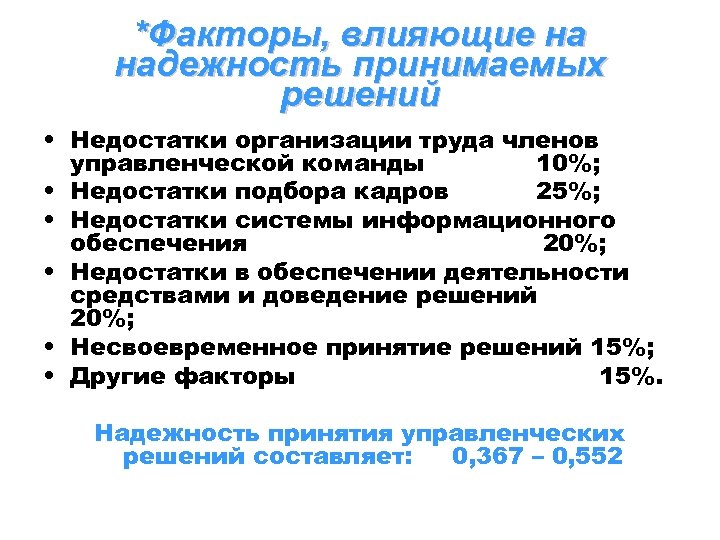 *Факторы, влияющие на надежность принимаемых решений • Недостатки организации труда членов управленческой команды 10%;