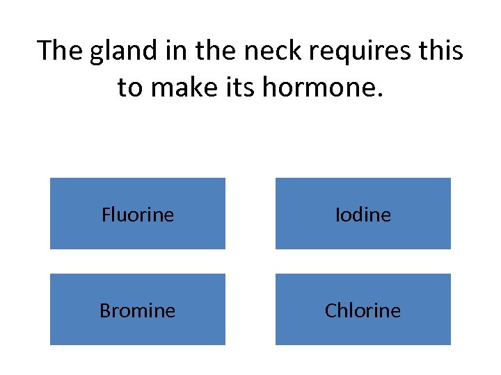 The gland in the neck requires this to make its hormone. Fluorine Iodine Bromine