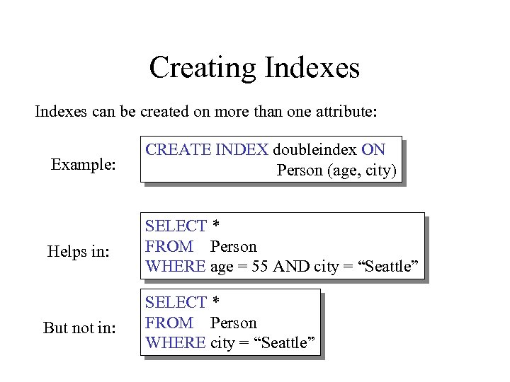 Creating Indexes can be created on more than one attribute: Example: CREATE INDEX doubleindex