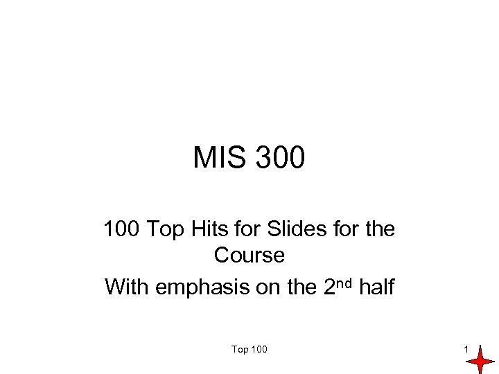 MIS 300 100 Top Hits for Slides for the Course With emphasis on the