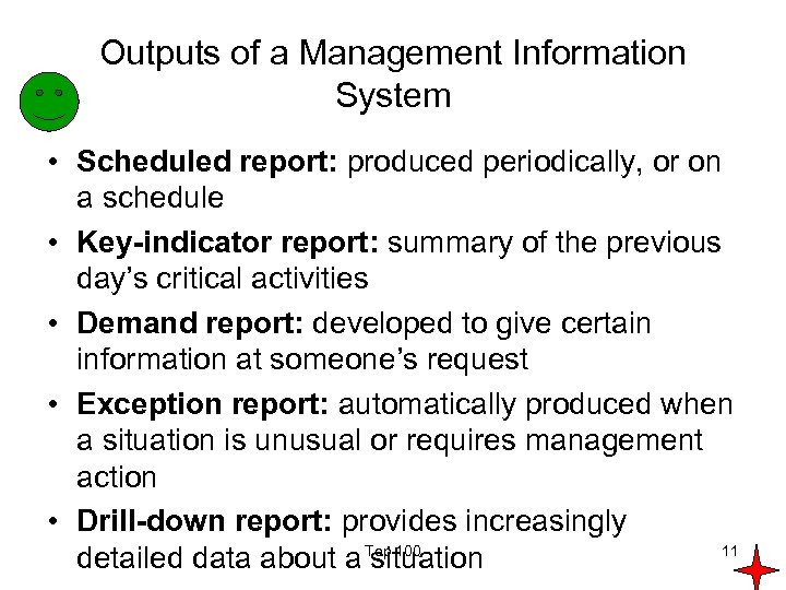 Outputs of a Management Information System • Scheduled report: produced periodically, or on a