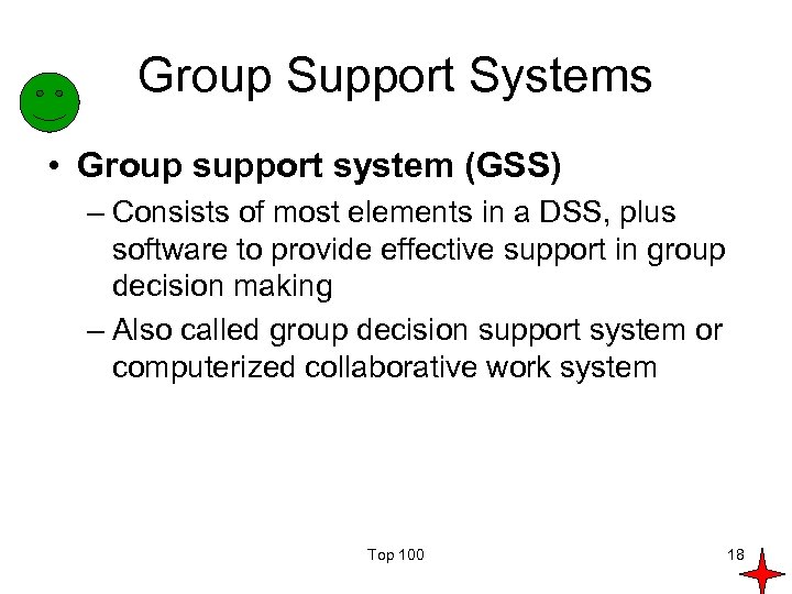 Group Support Systems • Group support system (GSS) – Consists of most elements in