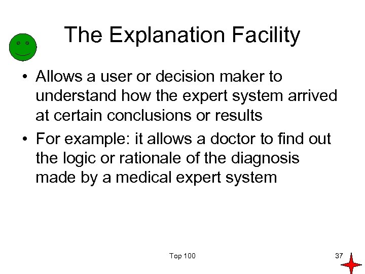 The Explanation Facility • Allows a user or decision maker to understand how the