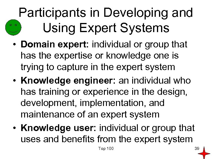 Participants in Developing and Using Expert Systems • Domain expert: individual or group that