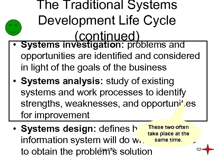 The Traditional Systems Development Life Cycle (continued) • Systems investigation: problems and opportunities are