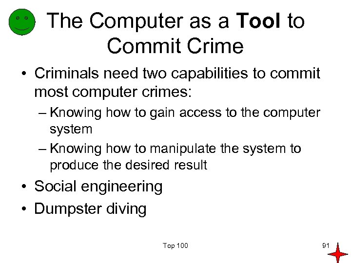 The Computer as a Tool to Commit Crime • Criminals need two capabilities to