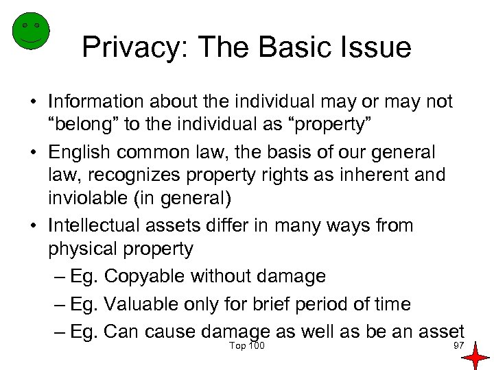 Privacy: The Basic Issue • Information about the individual may or may not “belong”