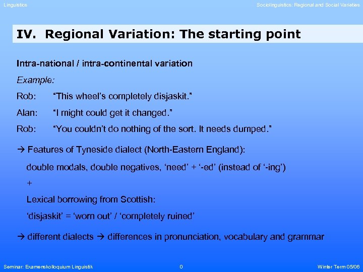 Linguistics Sociolinguistics: Regional and Social Varieties IV. Regional Variation: The starting point Intra-national /