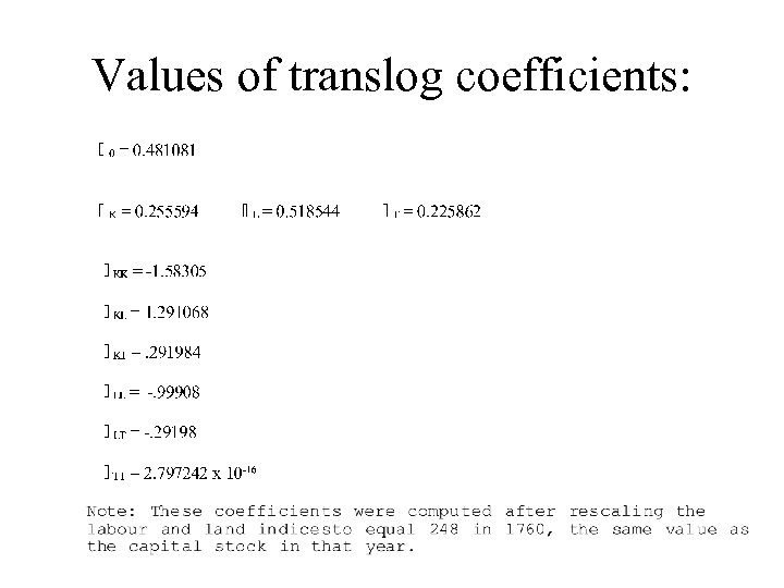 Values of translog coefficients: 