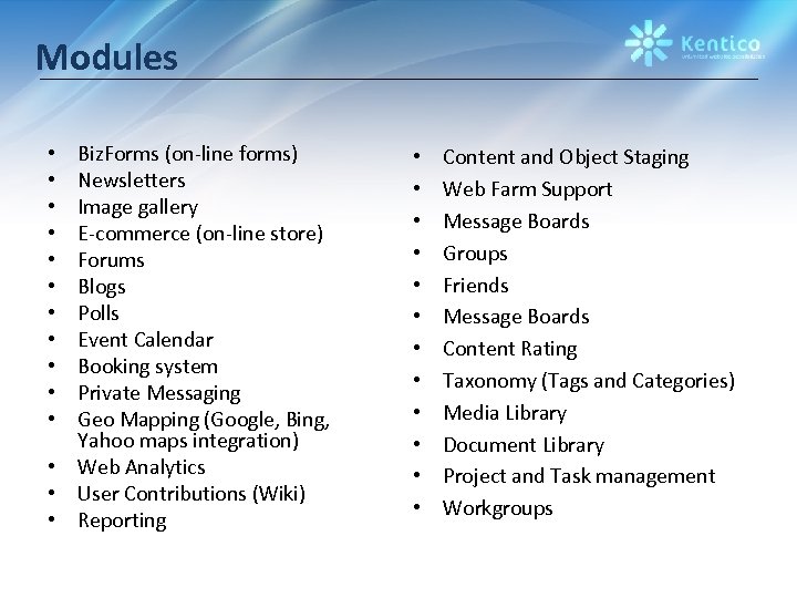Modules Biz. Forms (on-line forms) Newsletters Image gallery E-commerce (on-line store) Forums Blogs Polls