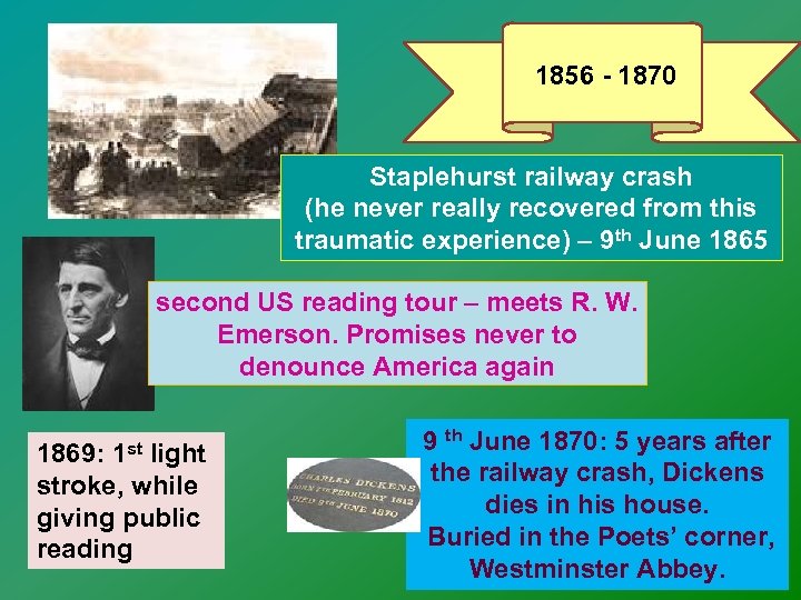1856 - 1870 Staplehurst railway crash (he never really recovered from this traumatic experience)