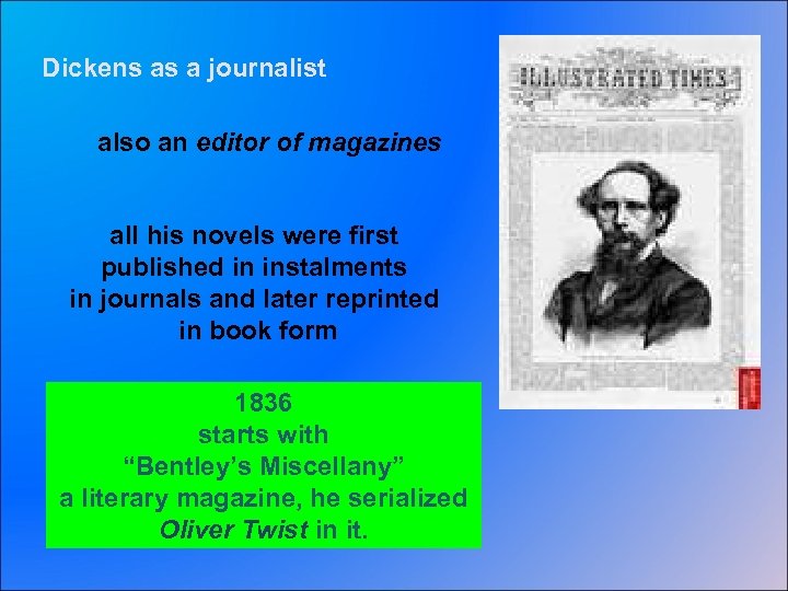 Dickens as a journalist also an editor of magazines all his novels were first