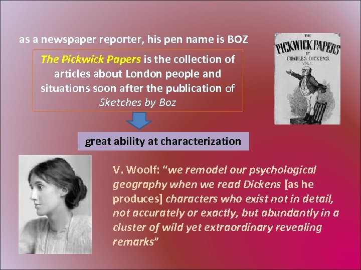 as a newspaper reporter, his pen name is BOZ The Pickwick Papers is the