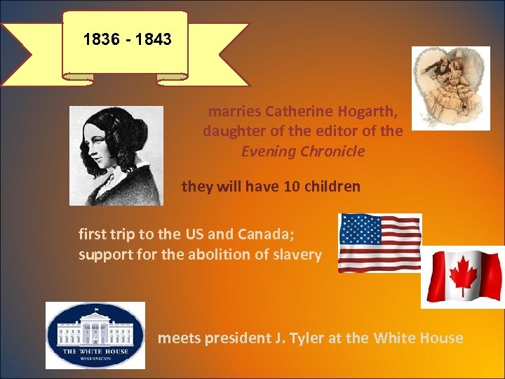 1836 - 1843 marries Catherine Hogarth, daughter of the editor of the Evening Chronicle