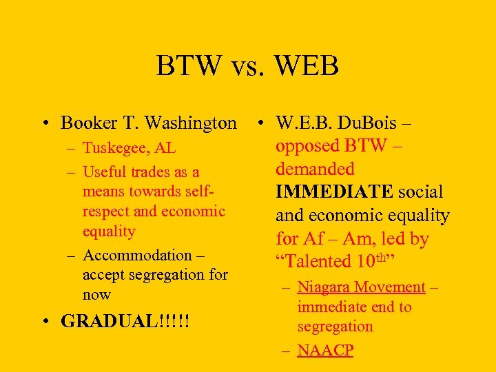 BTW vs. WEB • Booker T. Washington • W. E. B. Du. Bois –