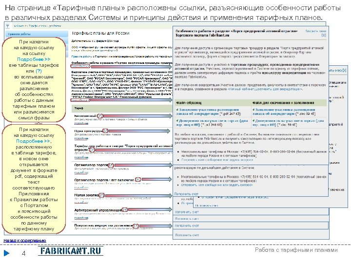 На странице «Тарифные планы» расположены ссылки, разъясняющие особенности работы в различных разделах Системы и