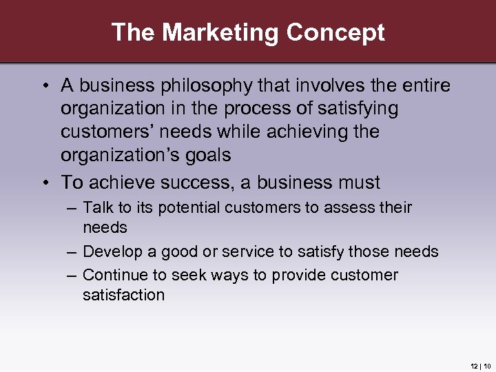 The Marketing Concept • A business philosophy that involves the entire organization in the