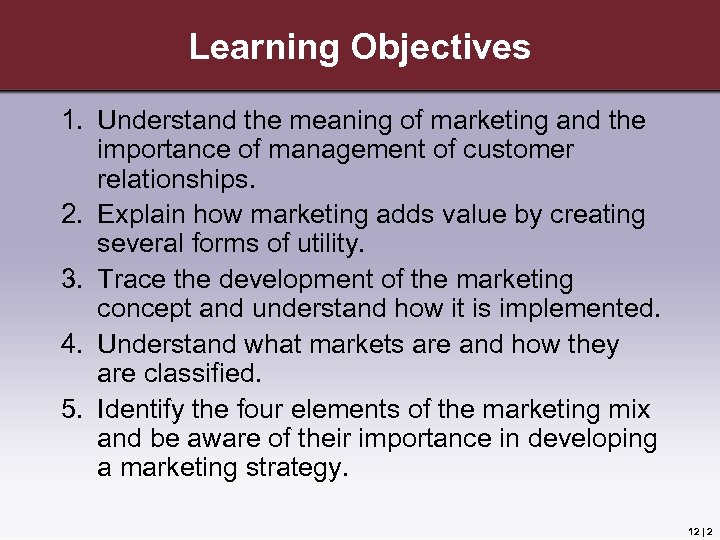 Learning Objectives 1. Understand the meaning of marketing and the importance of management of