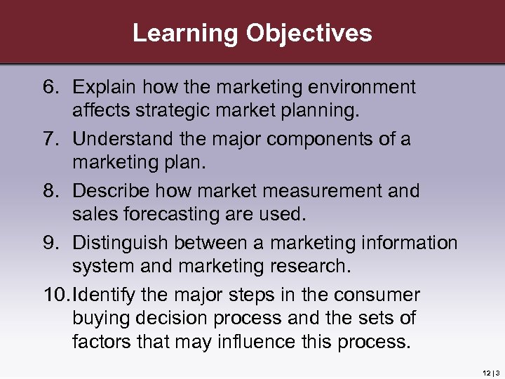 Learning Objectives 6. Explain how the marketing environment affects strategic market planning. 7. Understand