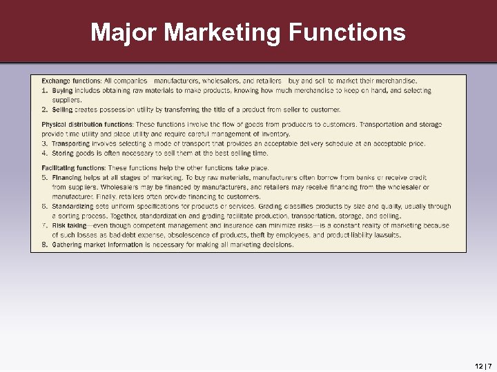 Major Marketing Functions 12 | 7 