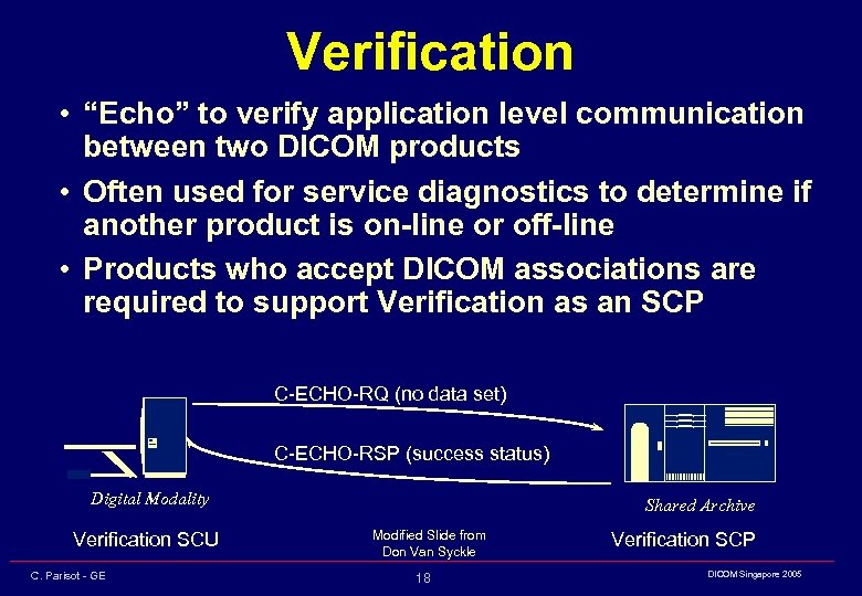 Verification • “Echo” to verify application level communication between two DICOM products • Often