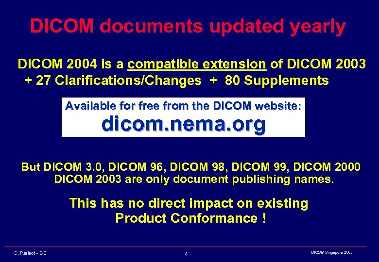 DICOM documents updated yearly DICOM 2004 is a compatible extension of DICOM 2003 +