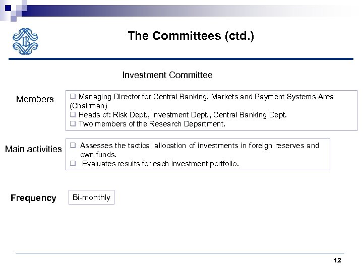 The Committees (ctd. ) Investment Committee Members q Managing Director for Central Banking, Markets