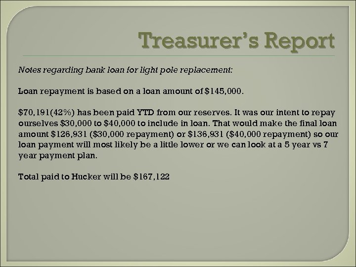Treasurer’s Report Notes regarding bank loan for light pole replacement: Loan repayment is based