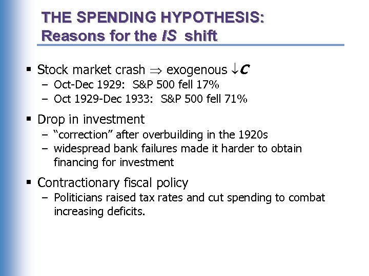 THE SPENDING HYPOTHESIS: Reasons for the IS shift § Stock market crash exogenous C