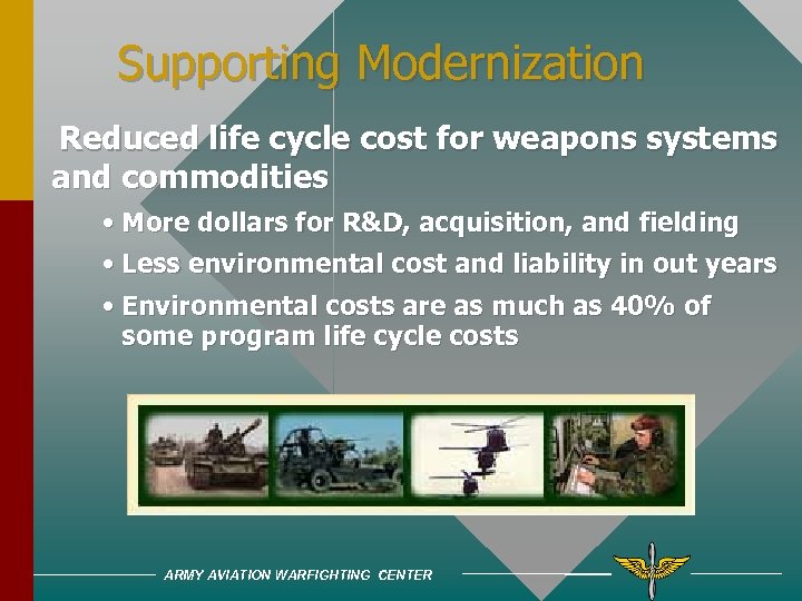 Supporting Modernization Reduced life cycle cost for weapons systems and commodities • More dollars