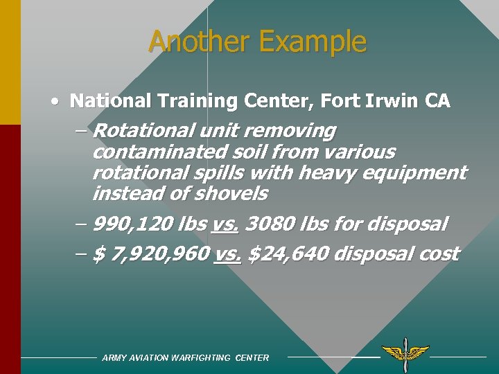 Another Example • National Training Center, Fort Irwin CA – Rotational unit removing contaminated