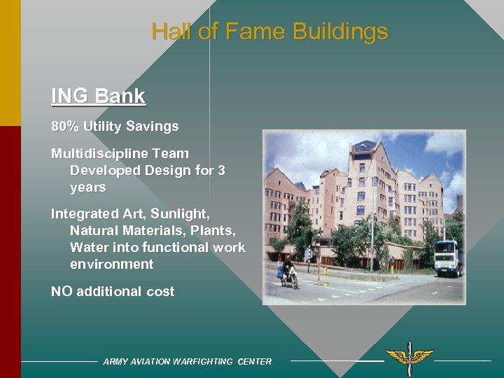 Hall of Fame Buildings ING Bank 80% Utility Savings Multidiscipline Team Developed Design for