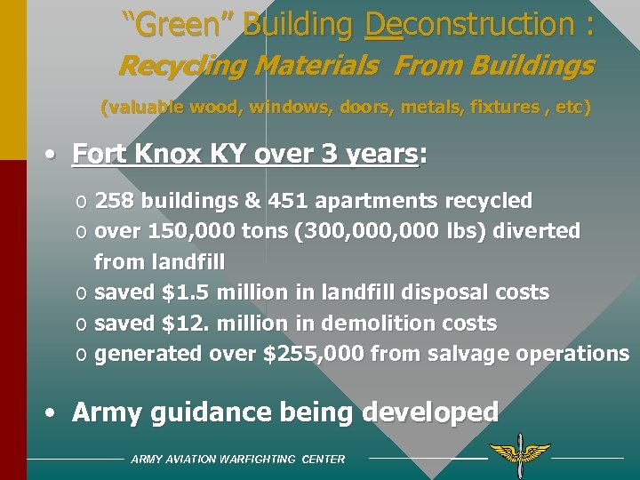 “Green” Building Deconstruction : Recycling Materials From Buildings (valuable wood, windows, doors, metals, fixtures