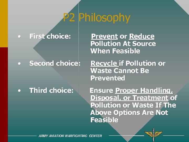 P 2 Philosophy • First choice: Prevent or Reduce Pollution At Source When Feasible