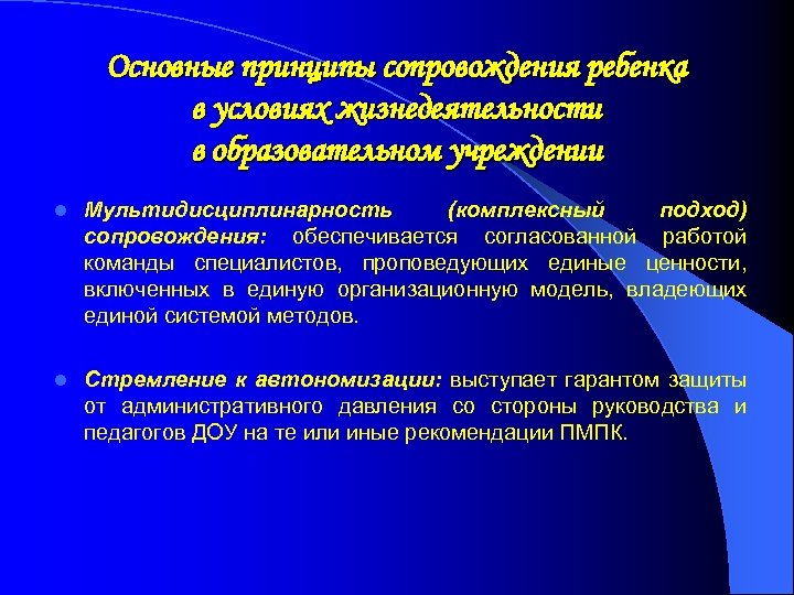 Основные принципы сопровождения ребенка в условиях жизнедеятельности в образовательном учреждении l Мультидисциплинарность (комплексный подход)