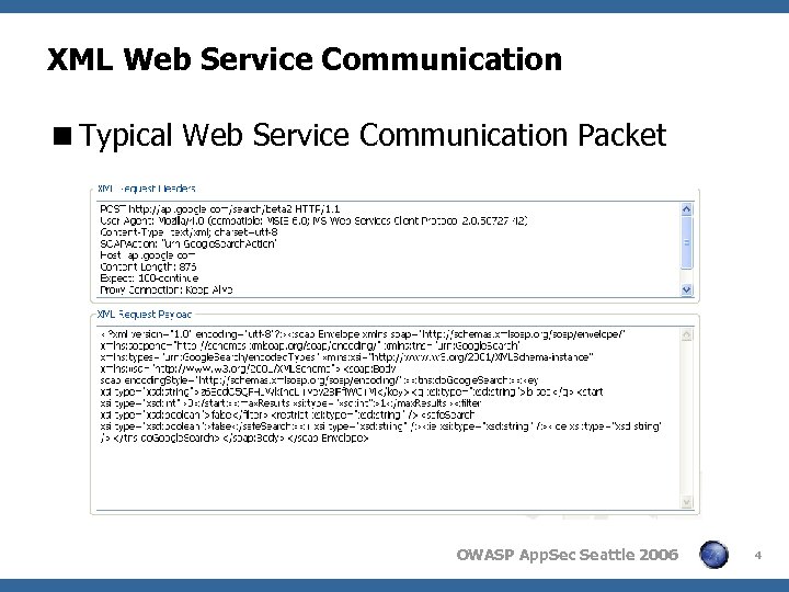 XML Web Service Communication <Typical Web Service Communication Packet OWASP App. Sec Seattle 2006