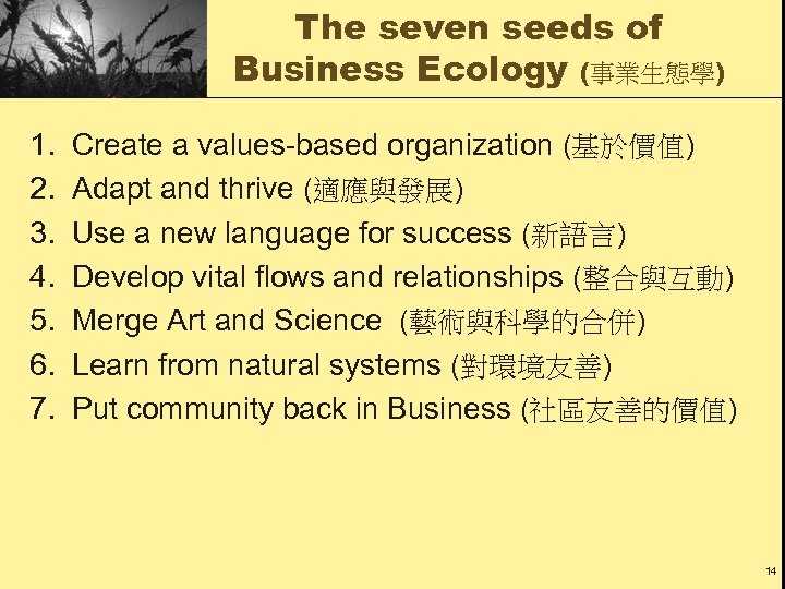 The seven seeds of Business Ecology (事業生態學) 1. 2. 3. 4. 5. 6. 7.