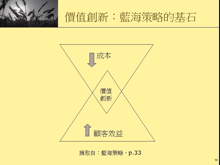 價值創新：藍海策略的基石 成本 價值 創新 顧客效益 摘取自：藍海策略，p. 33 18 